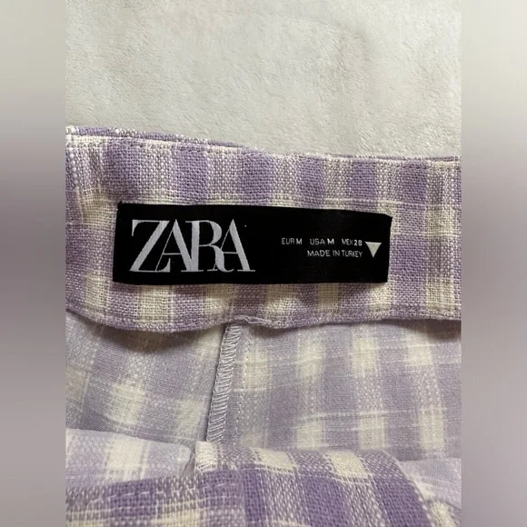 Zara Gingham Shorts Women’s Size M Lavender White Front Zip High Rise - Picture 6 of 6